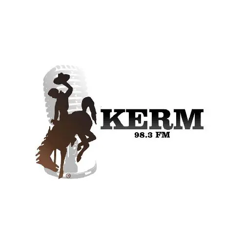Logo for KERM 96.3 FM featuring a cowboy on a bucking horse.