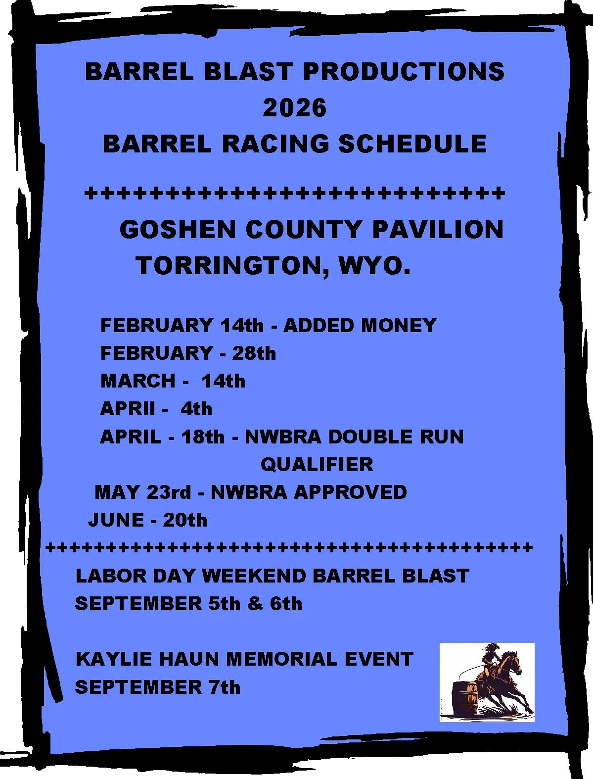 2026 barrel racing schedule at Goshen County Pavilion, Torrington, Wyoming.