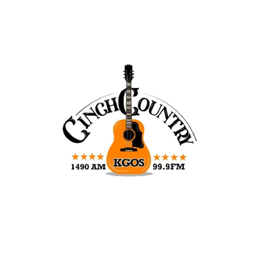 Logo of Kings County's KGOS radio station with a guitar and microphone.