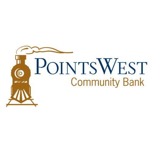 Logo of PointsWest Community Bank with a vintage train illustration.
